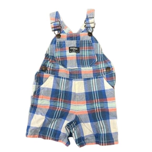 OshKosh Baby B'Gosh Vestbak Shortalls Boys Size 9 Months Blue Orange Plaid - Picture 1 of 7